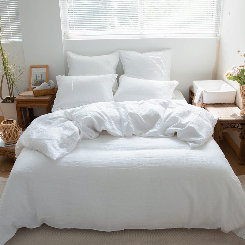 Simple&Opulence 100% Linen Duvet Cover Set 3pcs Basic Style Natural French Washed Flax Solid Color Soft Breathable Farmhouse Bedding with Button Closure - White, Full - Image 1